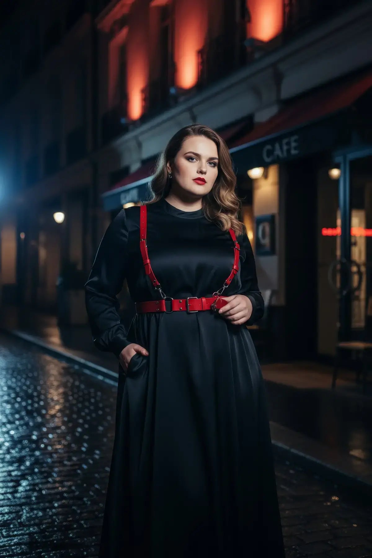 Plus size red leather garter belt with straps worn over a black dress in a nighttime city setting.