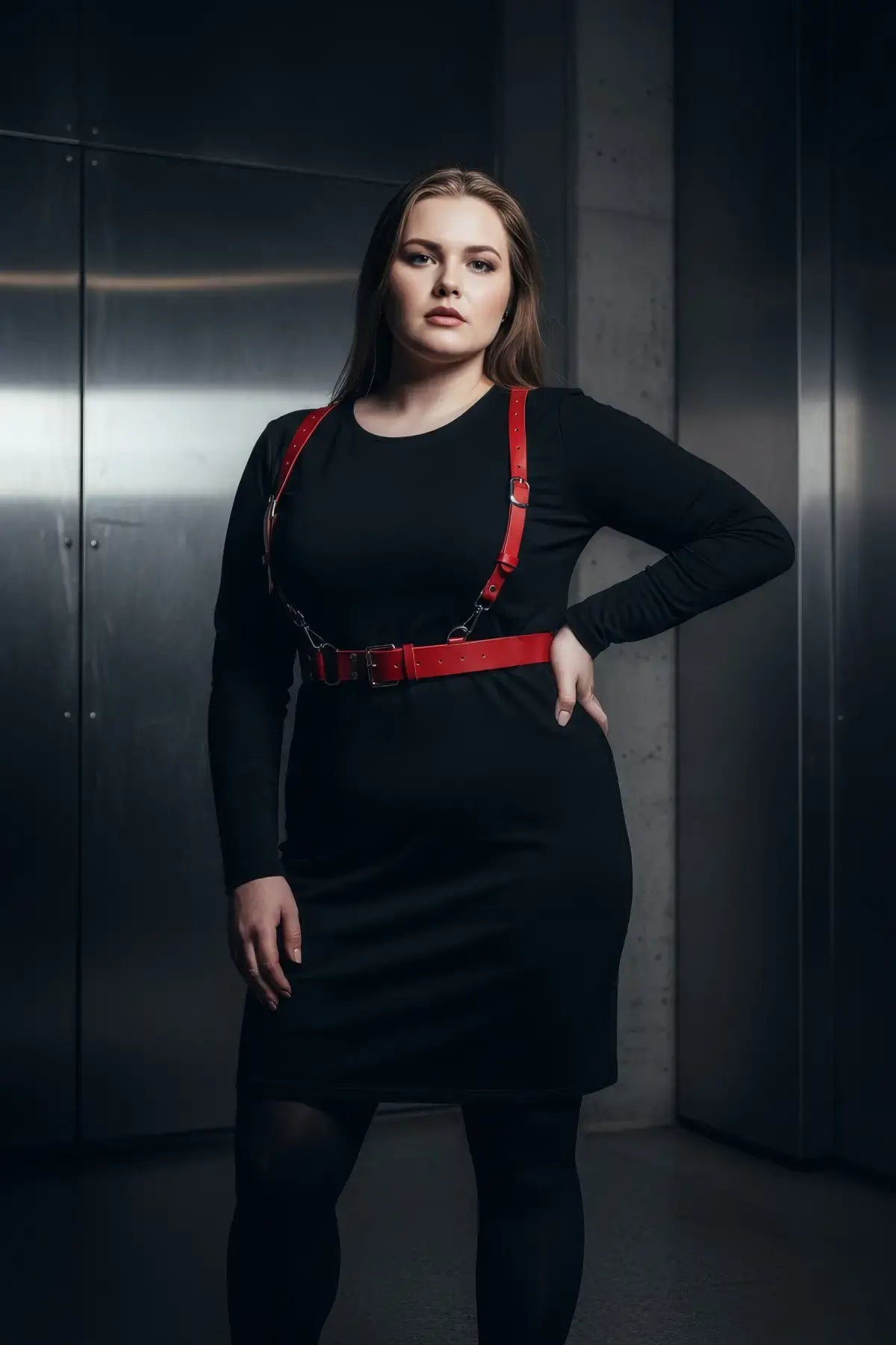 Plus Size Red Strappy Leather Garter Belt worn by a model in a black dress; metal buckles visible.