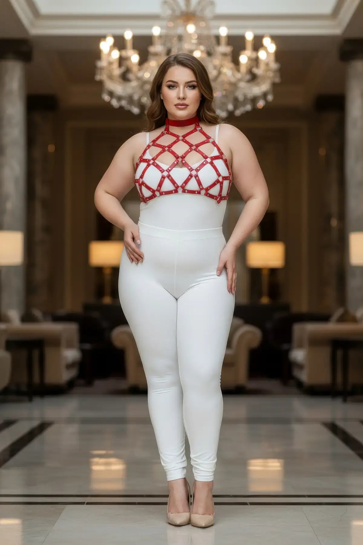 Plus Size Red Stud-Detail Faux Leather Chest Harness by HarnessClub worn over white bodysuit