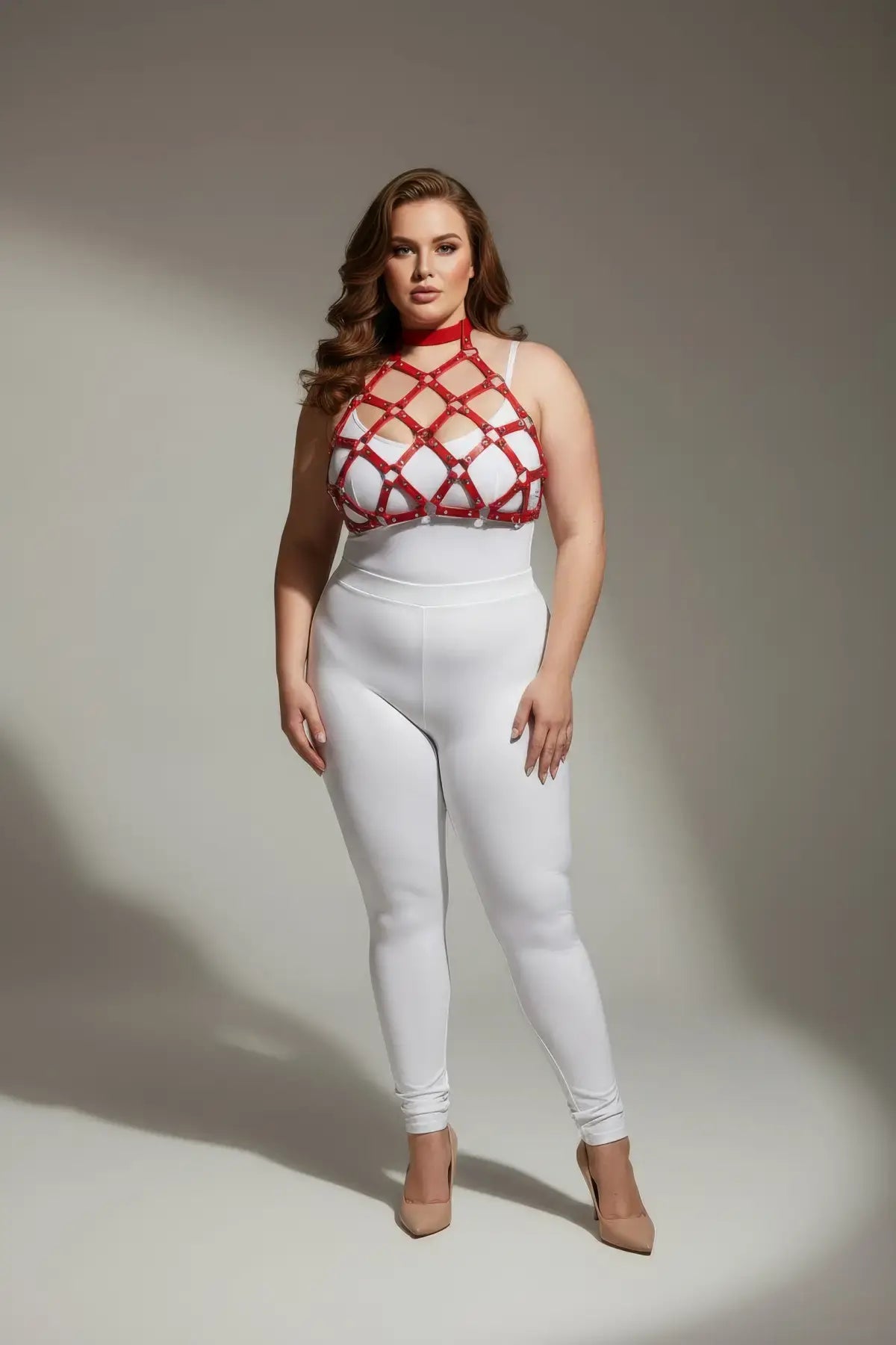 Plus Size Red Stud-Detail Faux Leather Chest Harness by HarnessClub