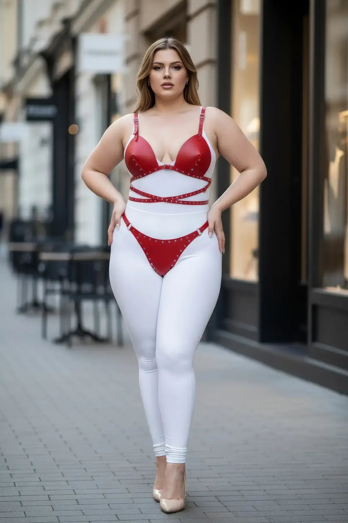 Plus-size red stud-detail faux leather harness set by HarnessClub on white bodysuit