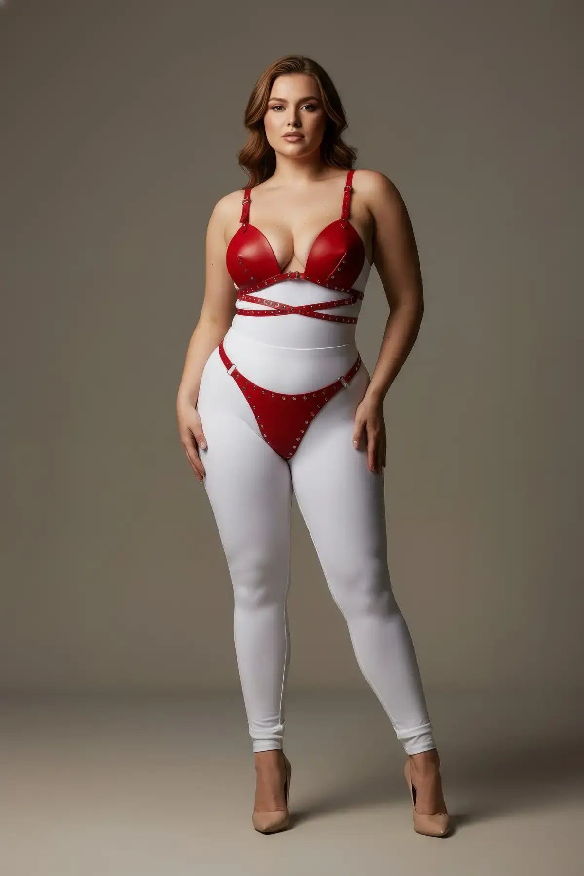 Plus-size red stud-detail faux leather premium harness set with bra and waist straps by HarnessClub