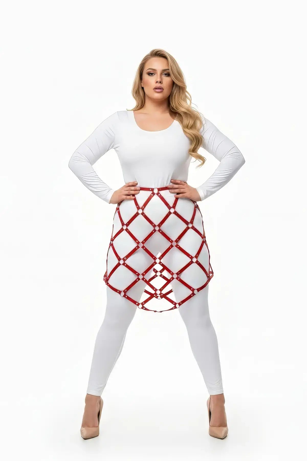 Plus Size Red Studded Lattice Cage Skirt by HarnessClub, vegan leather body harness
