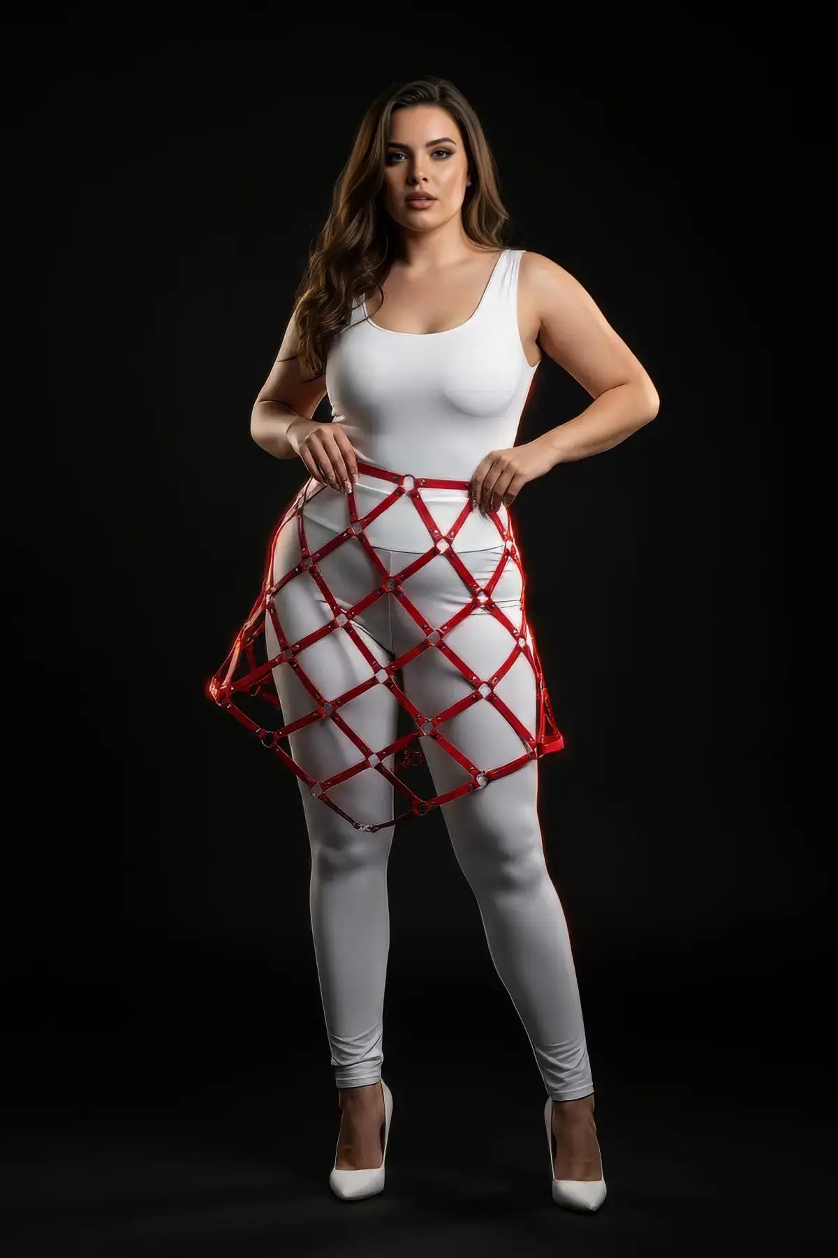 Plus Size Red Studded Lattice Cage Skirt by HarnessClub, vegan leather body harness