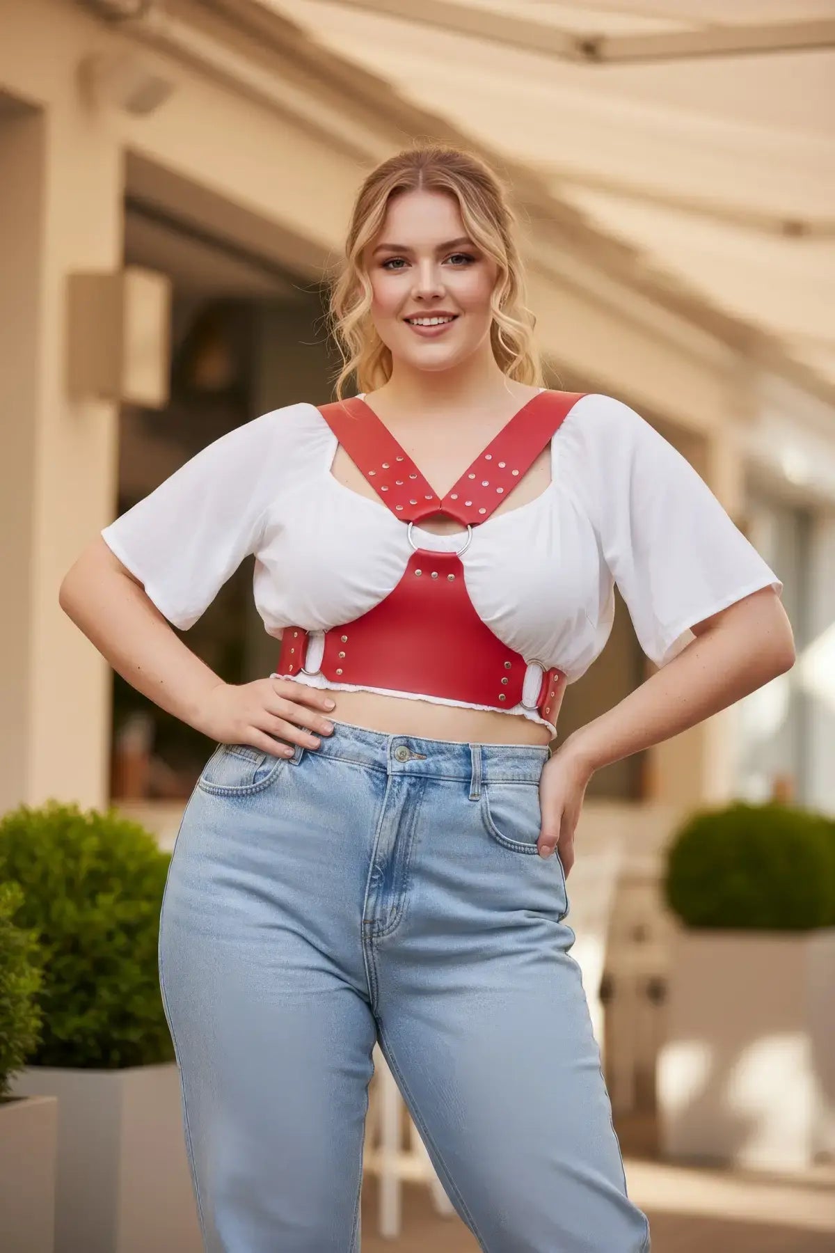 Plus Size Red Studded Strappy Corset-Style Leather Belt by HarnessClub worn by model