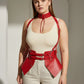 Plus-size red vegan leather suspender corset harness with choker and hip flaps by HarnessClub