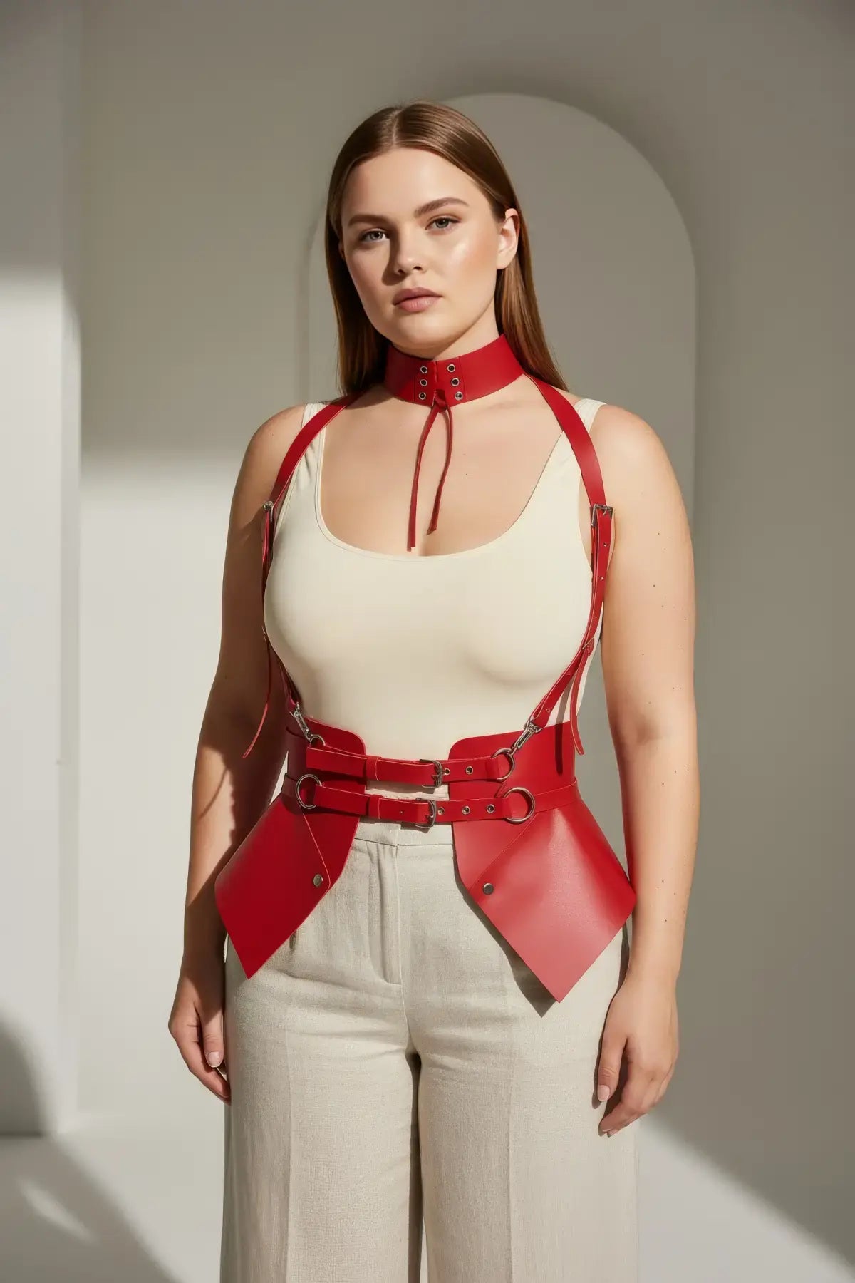 Plus-size red vegan leather suspender corset harness with choker and hip flaps by HarnessClub