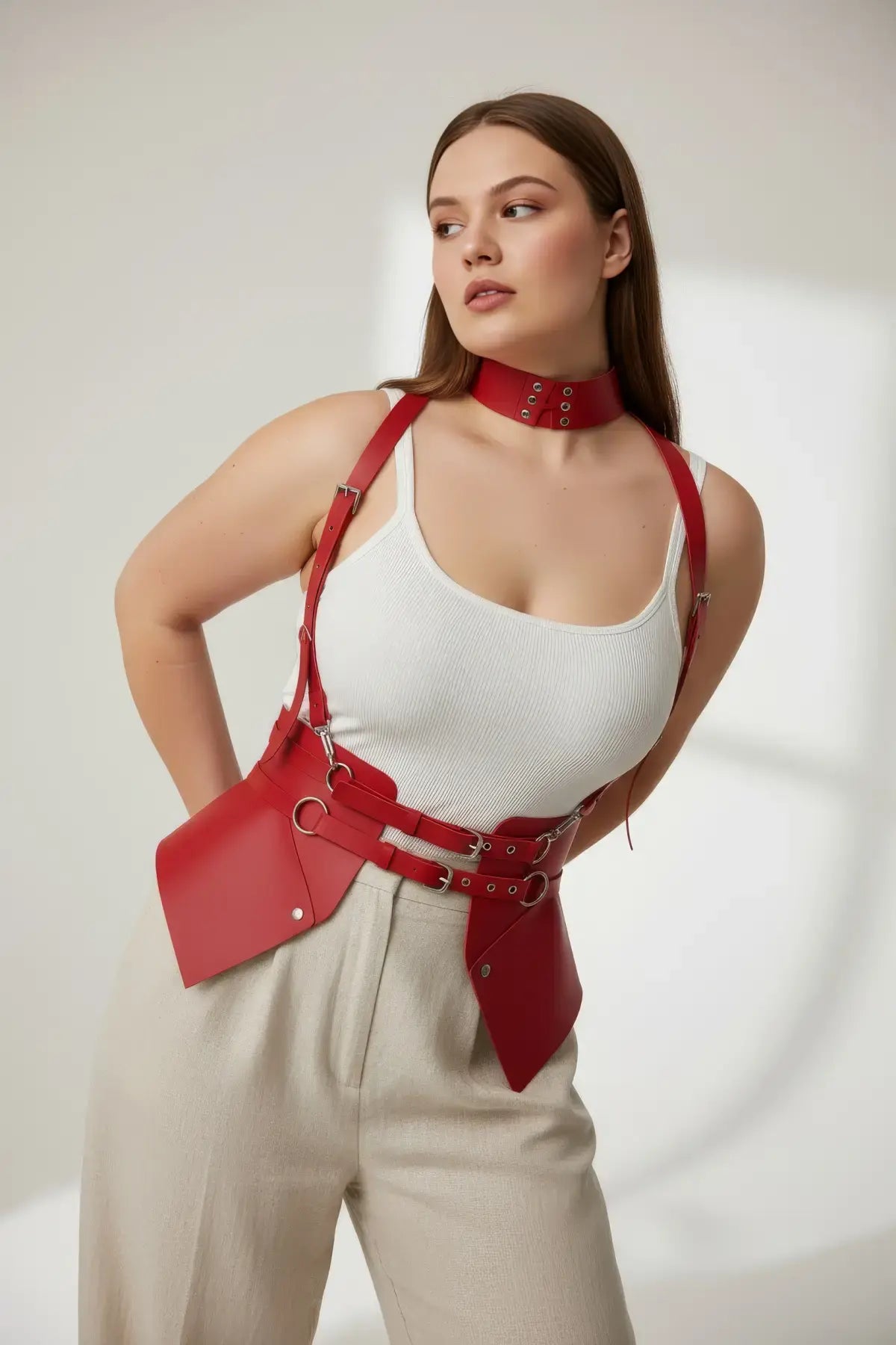 Plus Size red suspender corset harness with choker and hip flaps in vegan leather by HarnessClub