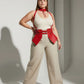 Plus-size red vegan leather suspender corset harness with choker and hip flaps