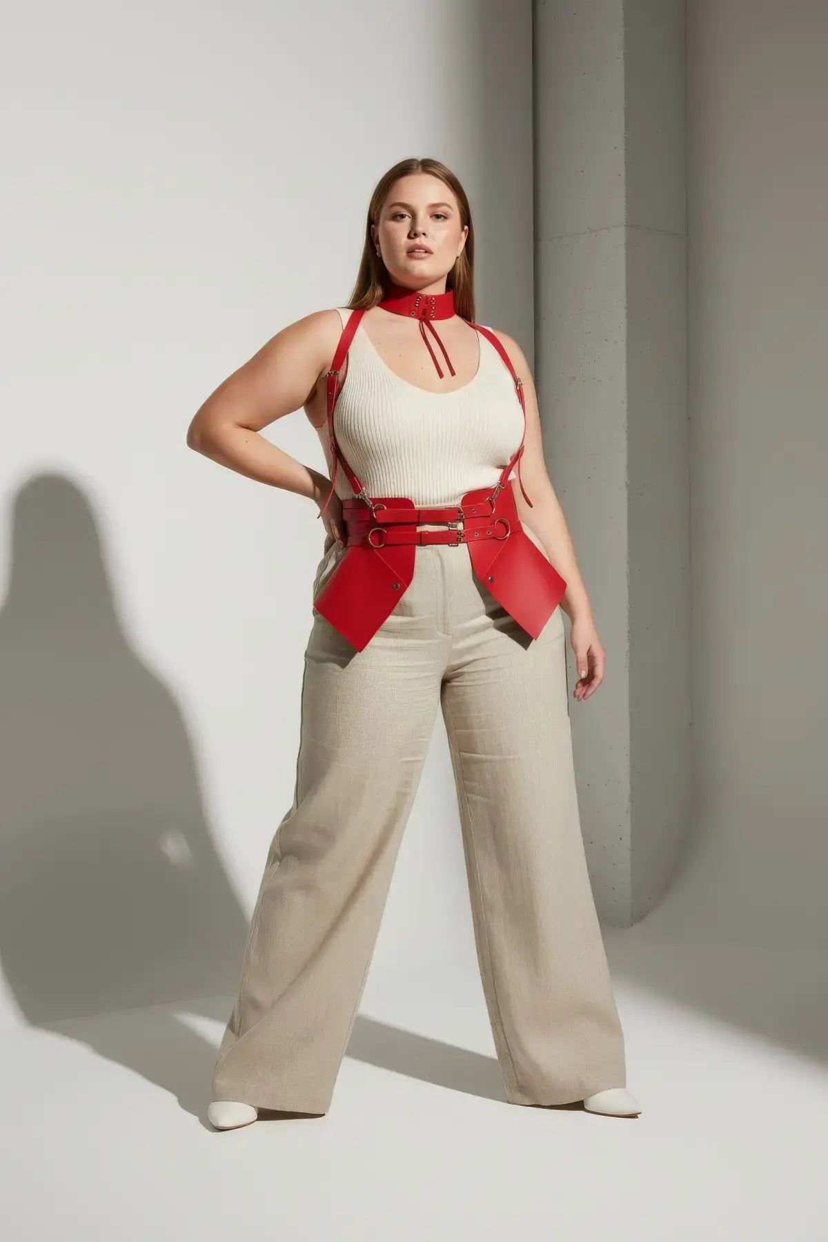 Plus-size red vegan leather suspender corset harness with choker and hip flaps