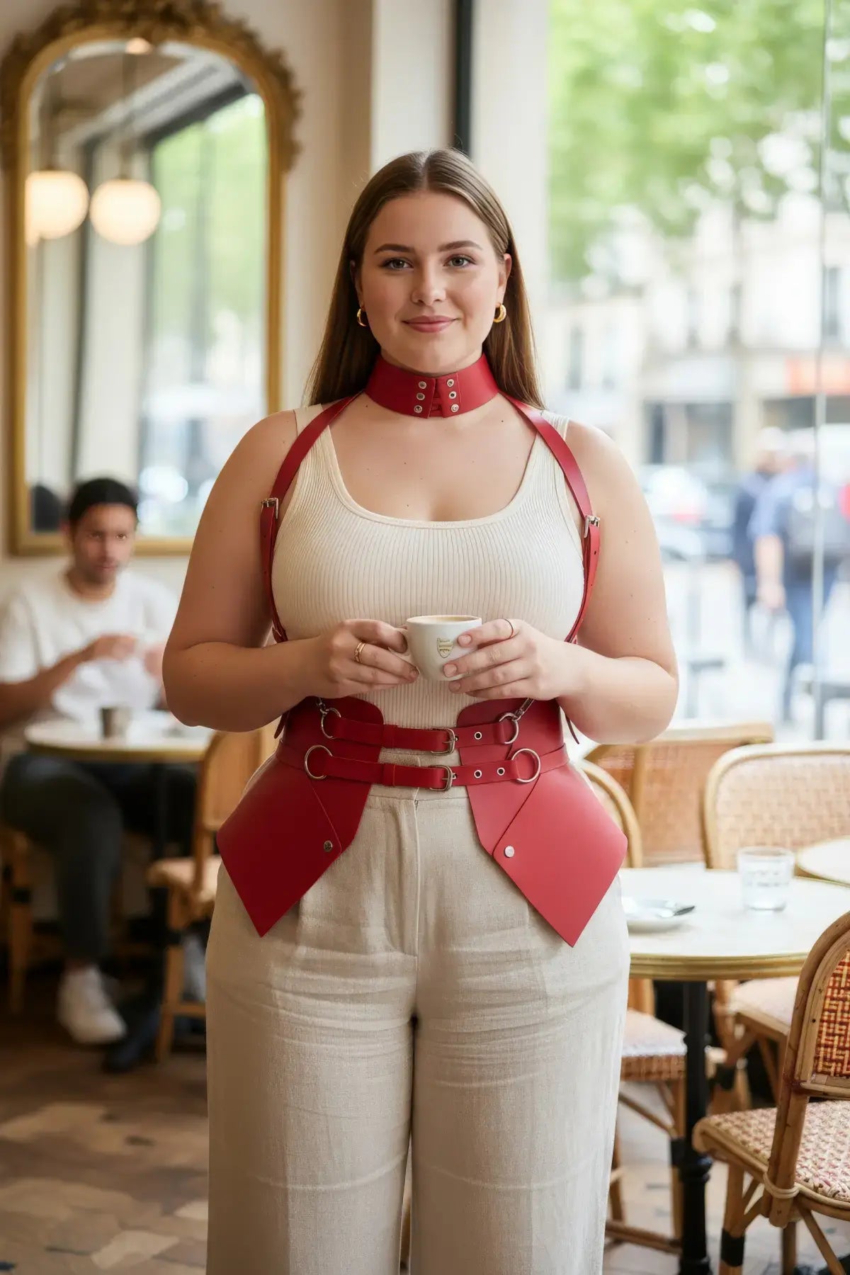 Plus-size red suspender corset harness with choker and hip flaps in vegan leather