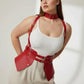 Plus-size red vegan leather suspender corset harness with choker and hip flaps