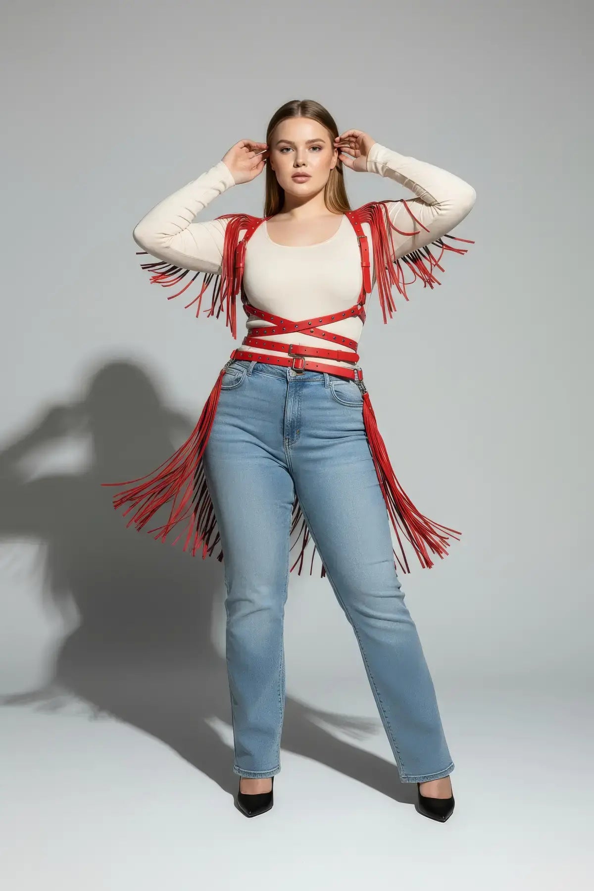 Plus-size red tassel-detail leather body harness by HarnessClub
