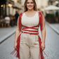 Plus Size Red Tassel-Detail Leather Body Accessory worn as a fashion harness with fringe tassels