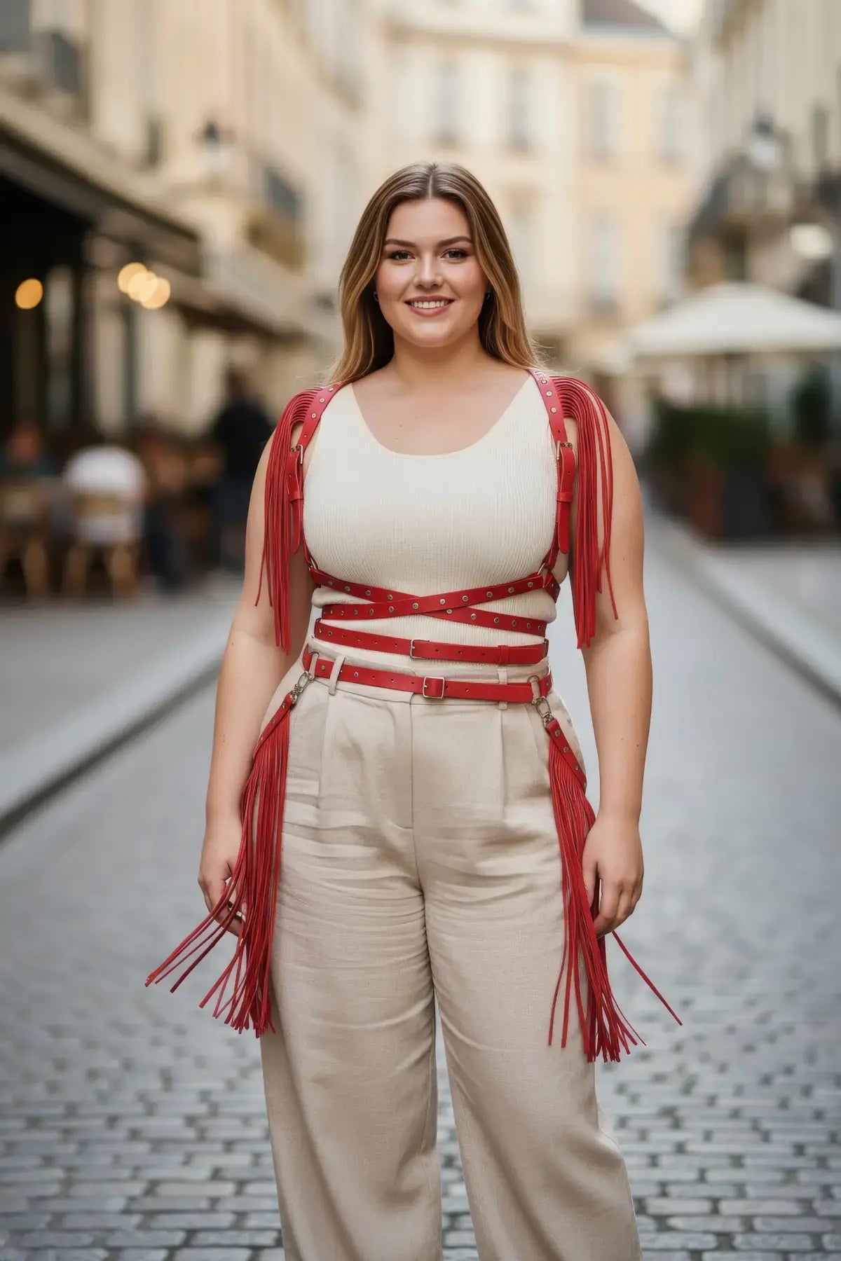 Plus Size Red Tassel-Detail Leather Body Accessory worn as a fashion harness with fringe tassels