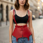 Plus-size red tassel suspender corset belt in vegan leather by HarnessClub