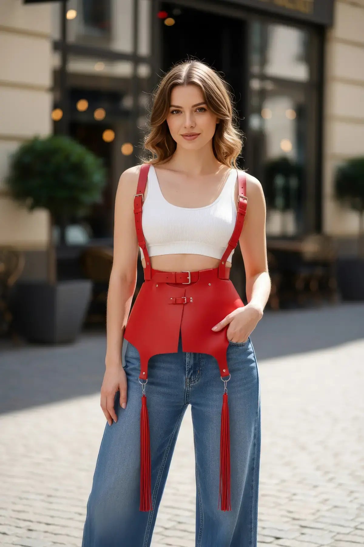 Plus Size Red Tassel Suspender Corset Belt by HarnessClub, vegan leather harness with two tassels and shoulder straps