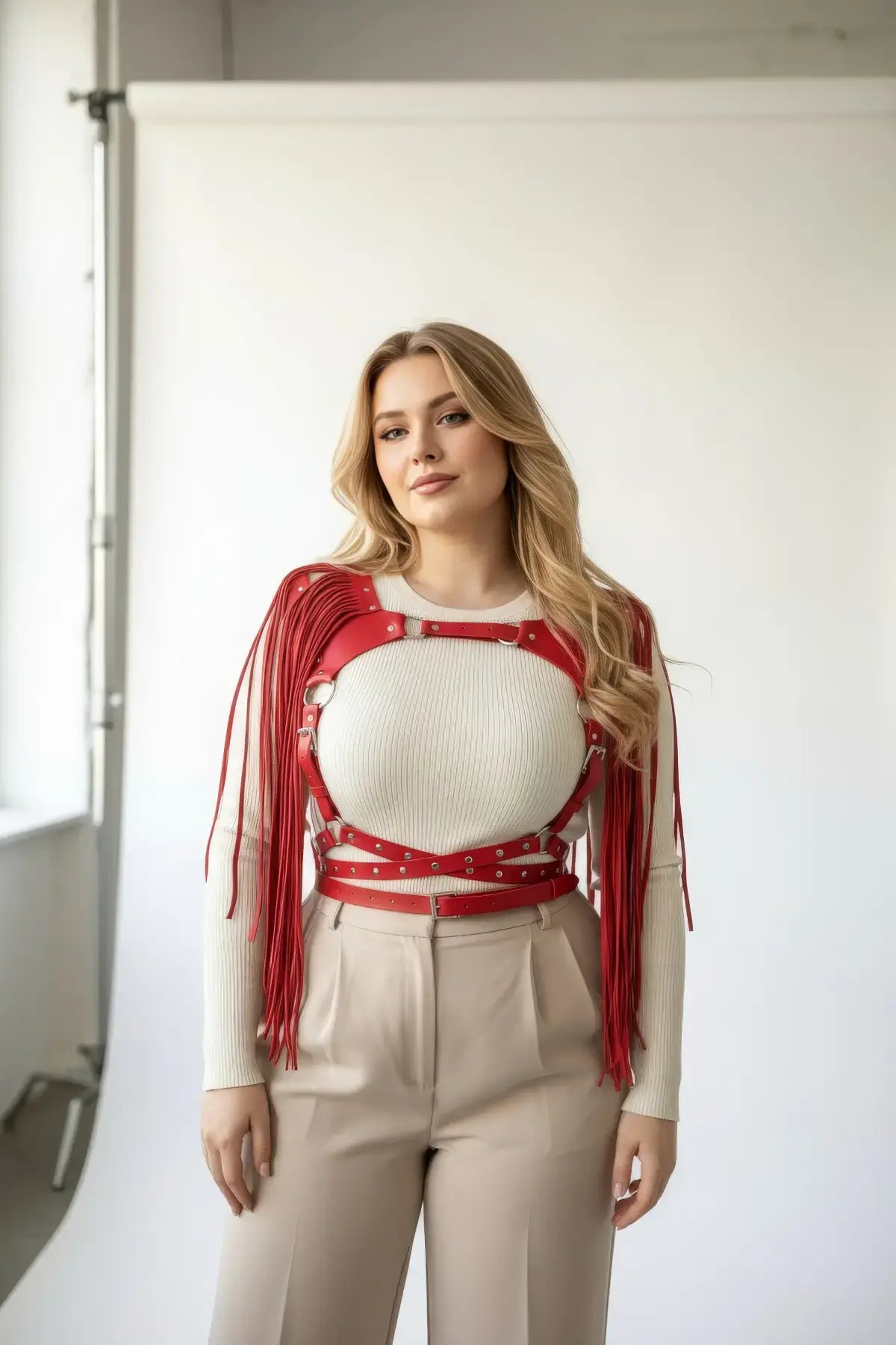 Plus Size Red Tasseled Leather Body Harness by HarnessClub; red leather with long tassels.