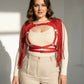 Plus-size red leather body harness with cascading tassels by HarnessClub