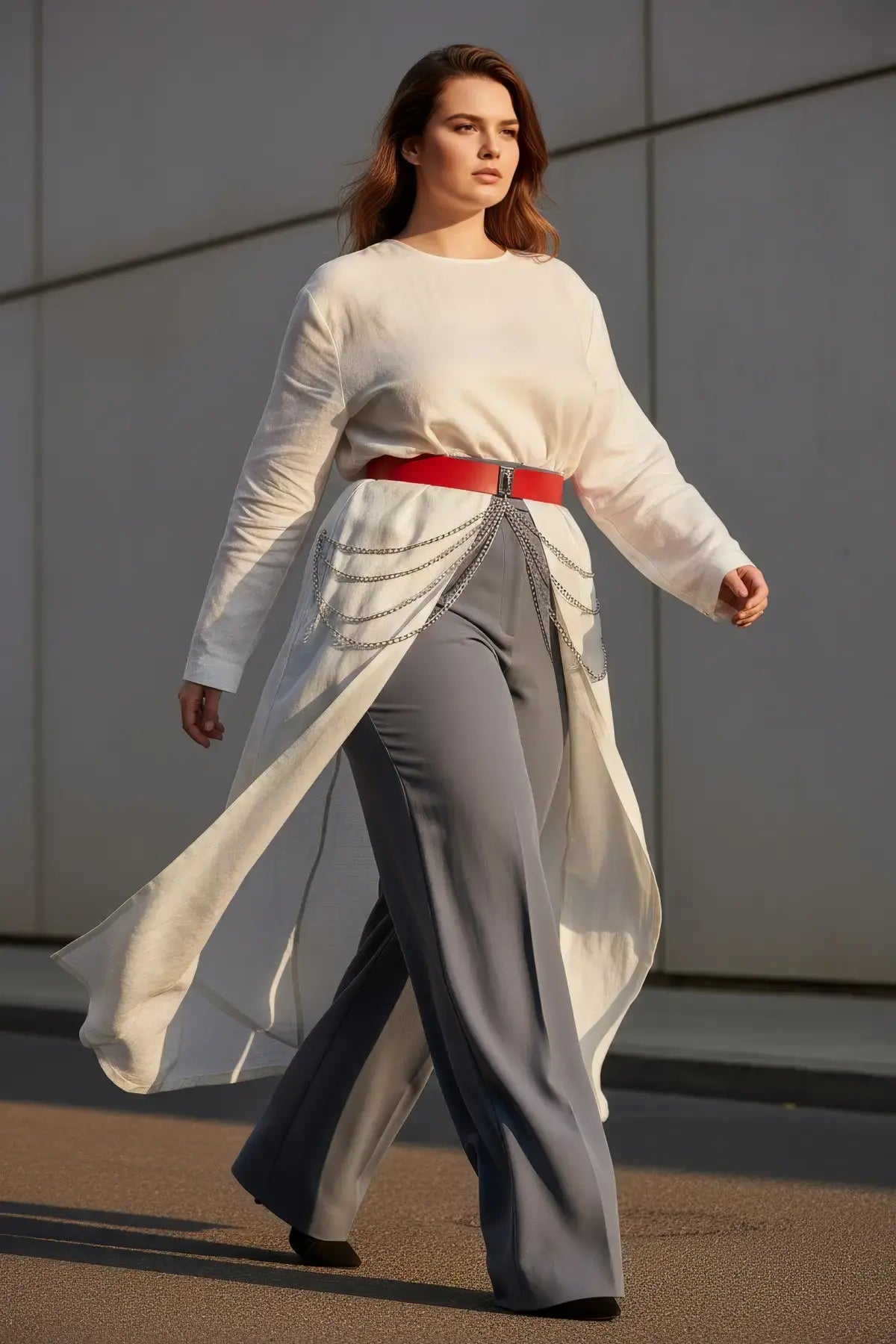 Plus Size Red Thick Chain-Detail Dress Belt by HarnessClub; red leather strap with silver chains draped at the waist