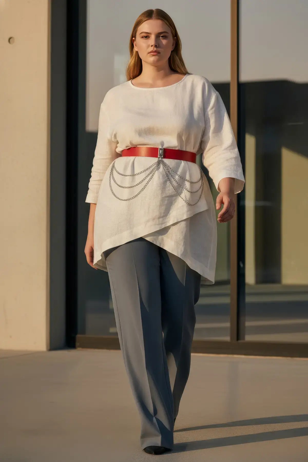 Plus Size Red Thick Chain-Detail Dress Belt by HarnessClub, red leather belt with layered silver chains at waist.