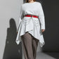 Plus Size Red Thick Chain-Detail Dress Belt by HarnessClub, red leather belt with silver chains draping over a white dress