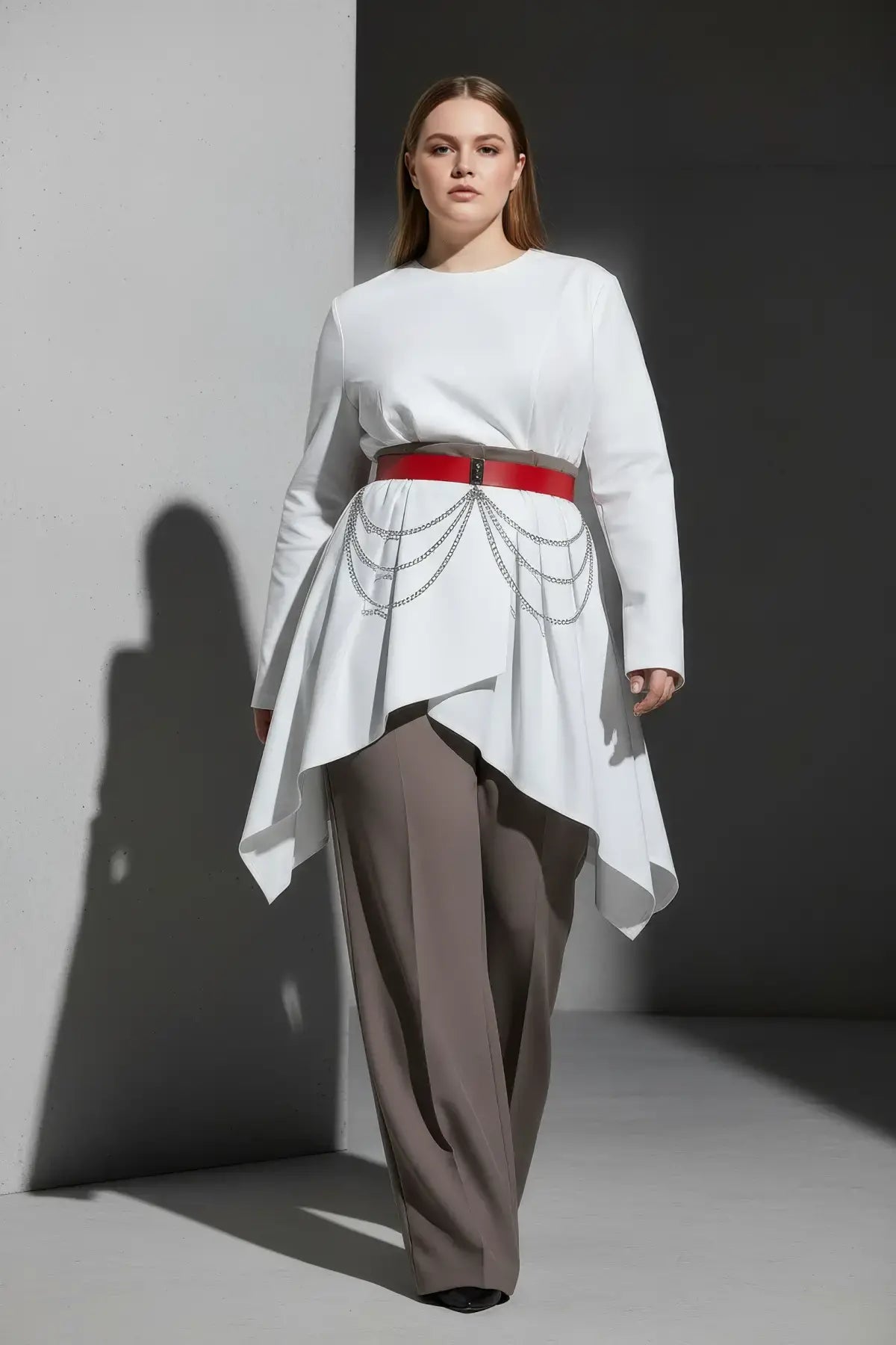 Plus Size Red Thick Chain-Detail Dress Belt by HarnessClub, red leather belt with silver chains draping over a white dress