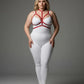 Plus-size red three-zone elastic harness with choker and waistband on model over white bodysuit