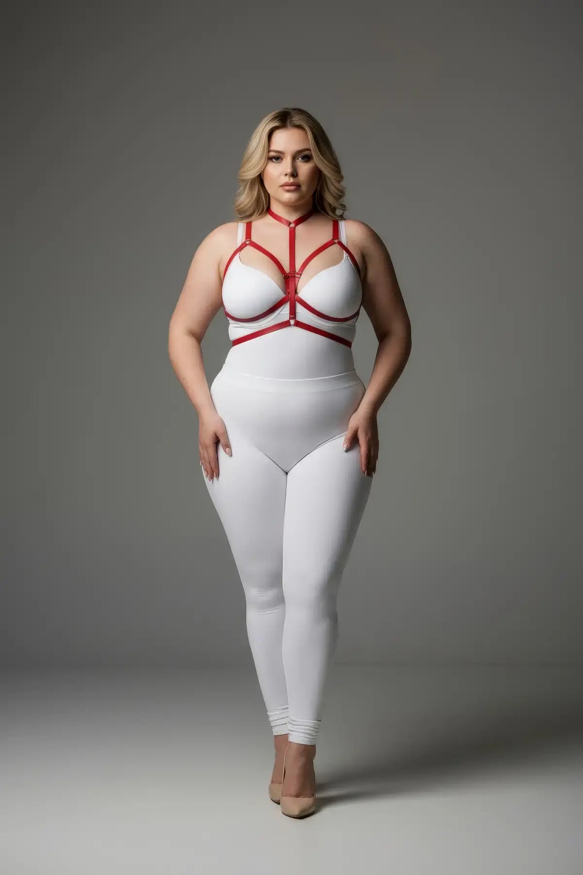 Plus-size red three-zone elastic harness with choker and waistband on model over white bodysuit