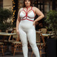 Plus Size Red Three-Zone Elastic Harness with Choker & Waistband worn over white bodysuit