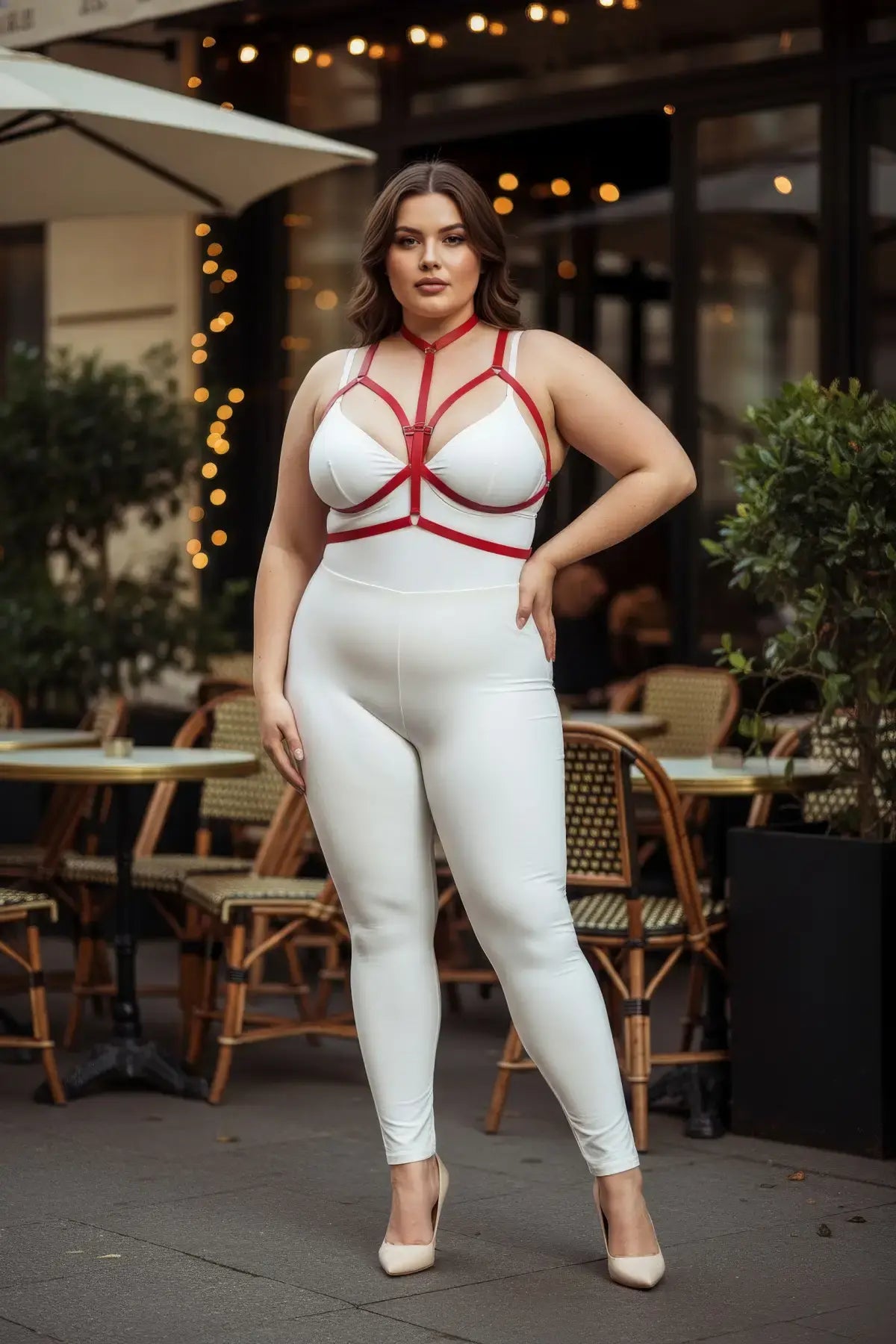 Plus Size Red Three-Zone Elastic Harness with Choker & Waistband worn over white bodysuit