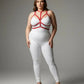 Harness, plus-size red three-zone elastic with choker and waistband, worn over white bodysuit.