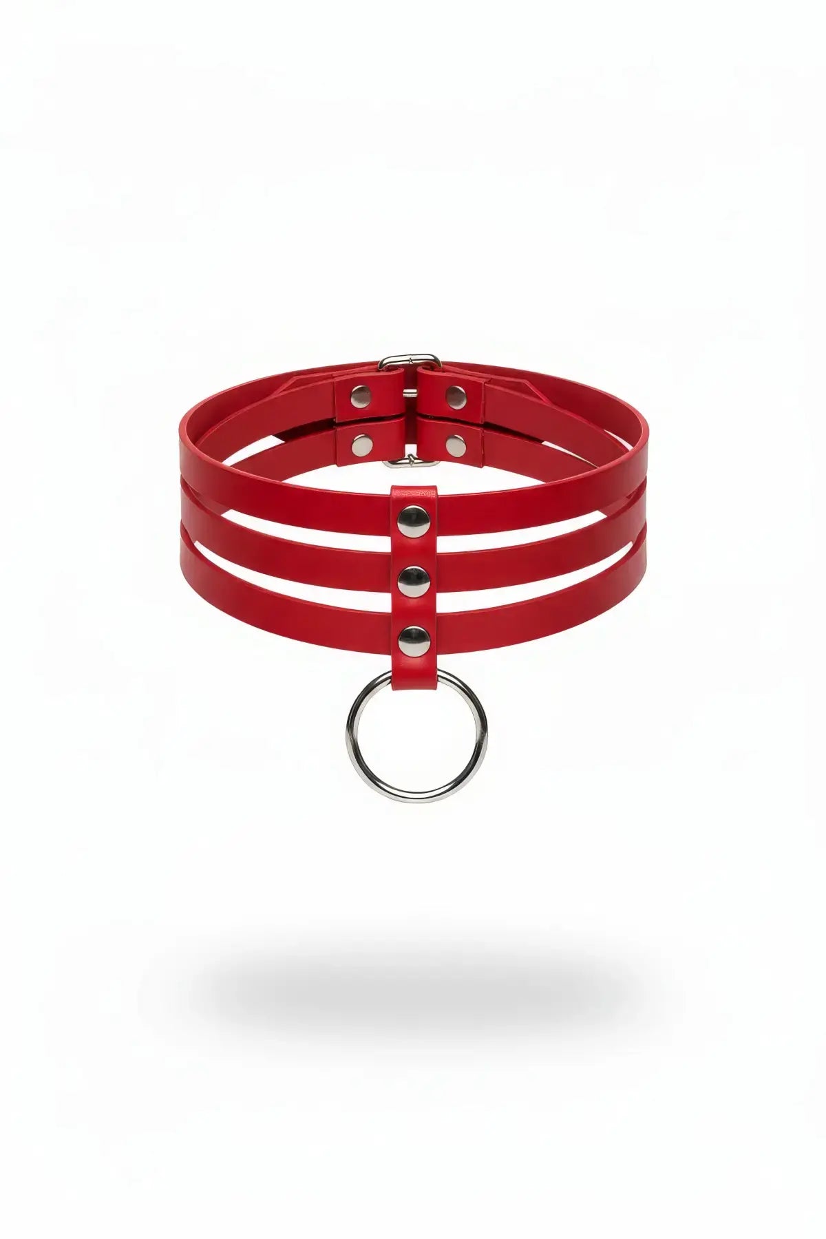 Plus-size red vegan leather triple-band choker with center O-ring drop by HarnessClub
