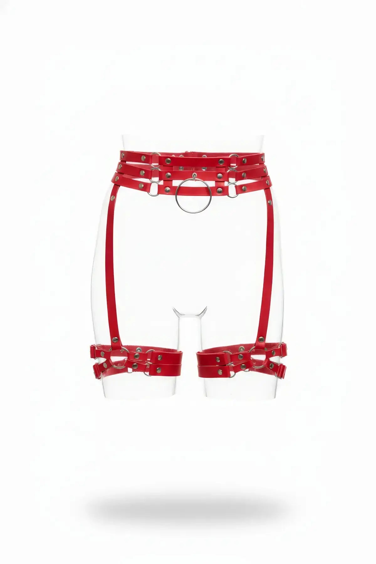 Plus Size Red Triple-Band Waist & Thigh Suspender Garter Harness in vegan leather by HarnessClub