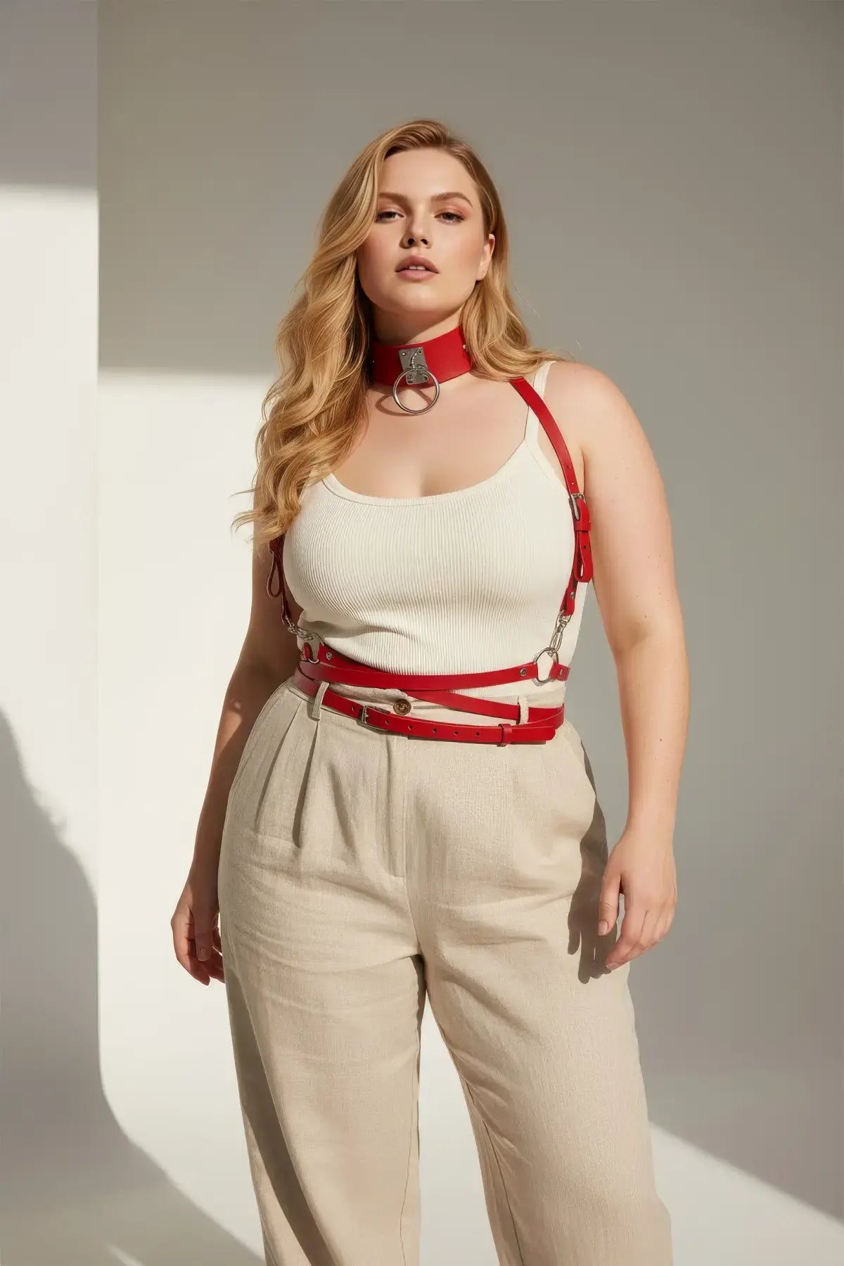 Plus-size red vegan leather choker and chest harness set with metal rings and waist straps
