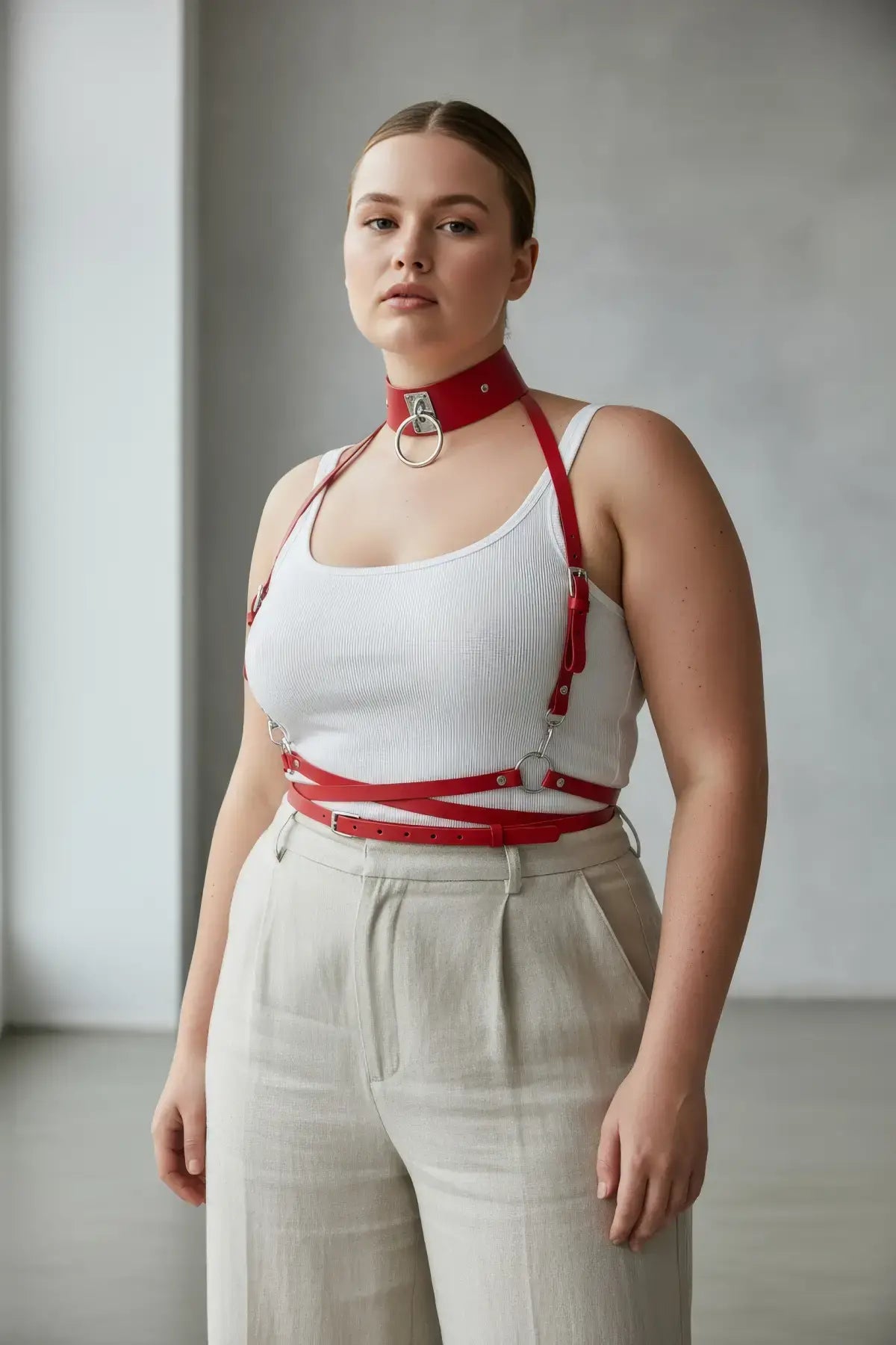 Plus-size red vegan leather two-piece choker and chest harness set with silver hardware