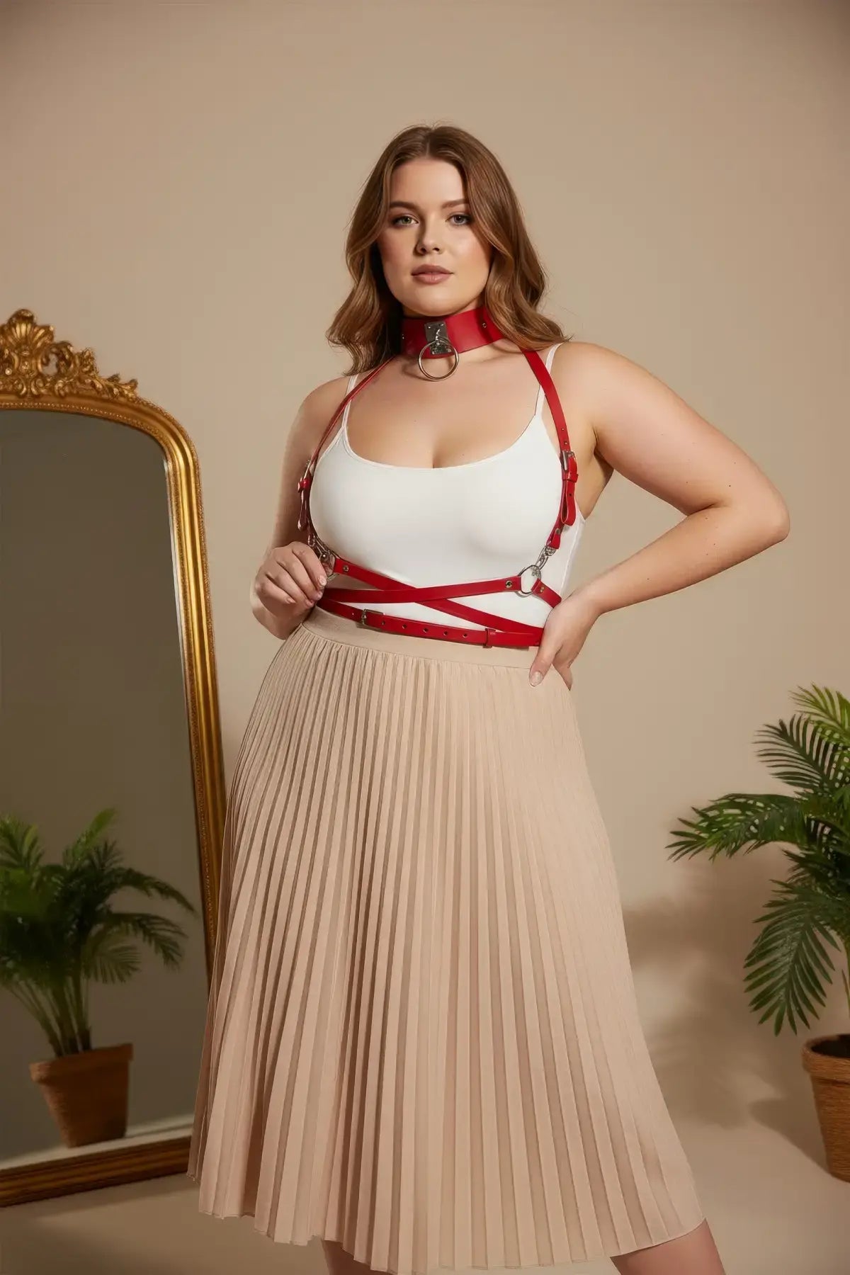 Plus Size Red Two-Piece Choker and Chest Harness Set by HarnessClub, red vegan-leather harness worn over a white top.
