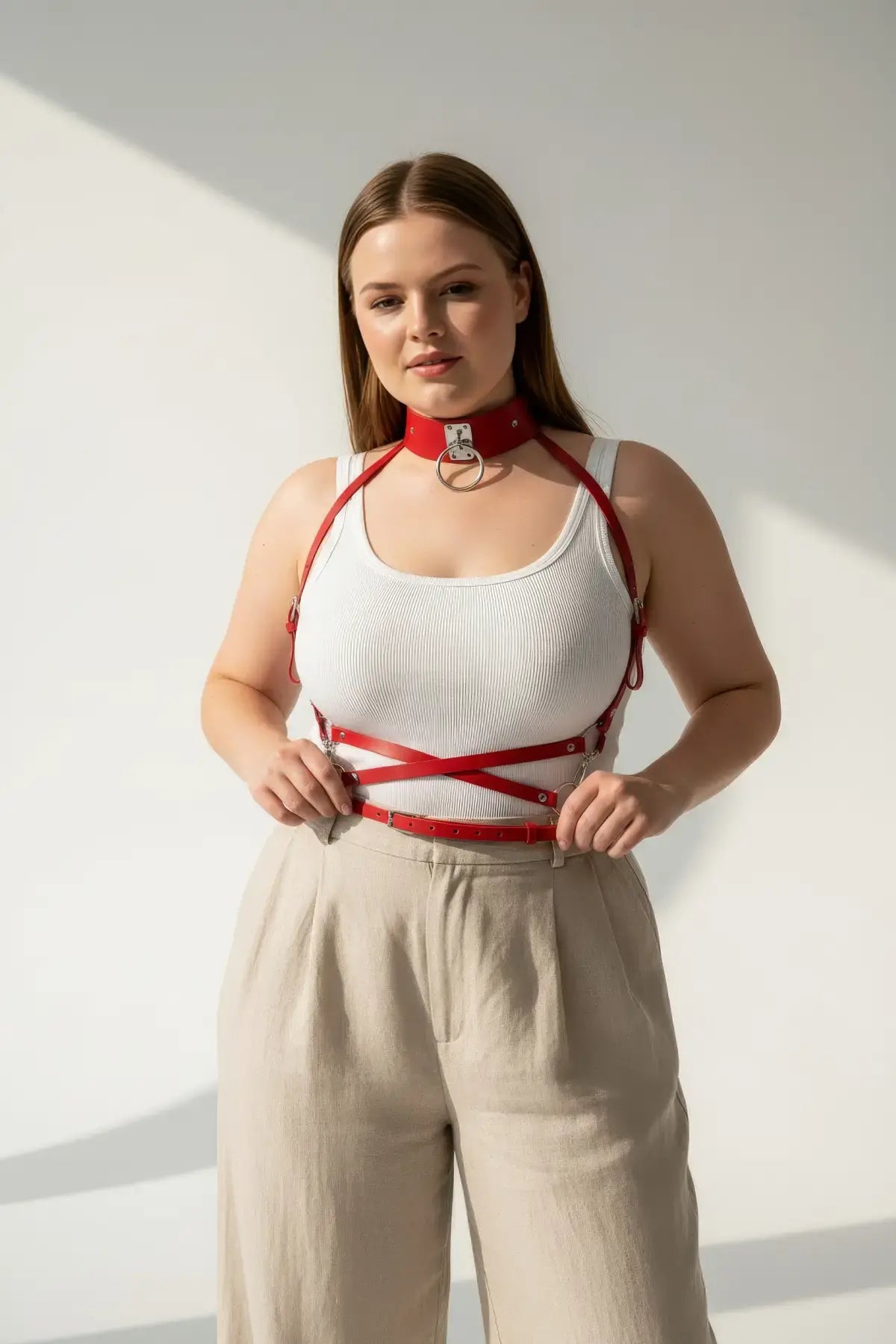 Plus-Size Red Two-Piece Choker and Chest Harness Set by HarnessClub, vegan leather