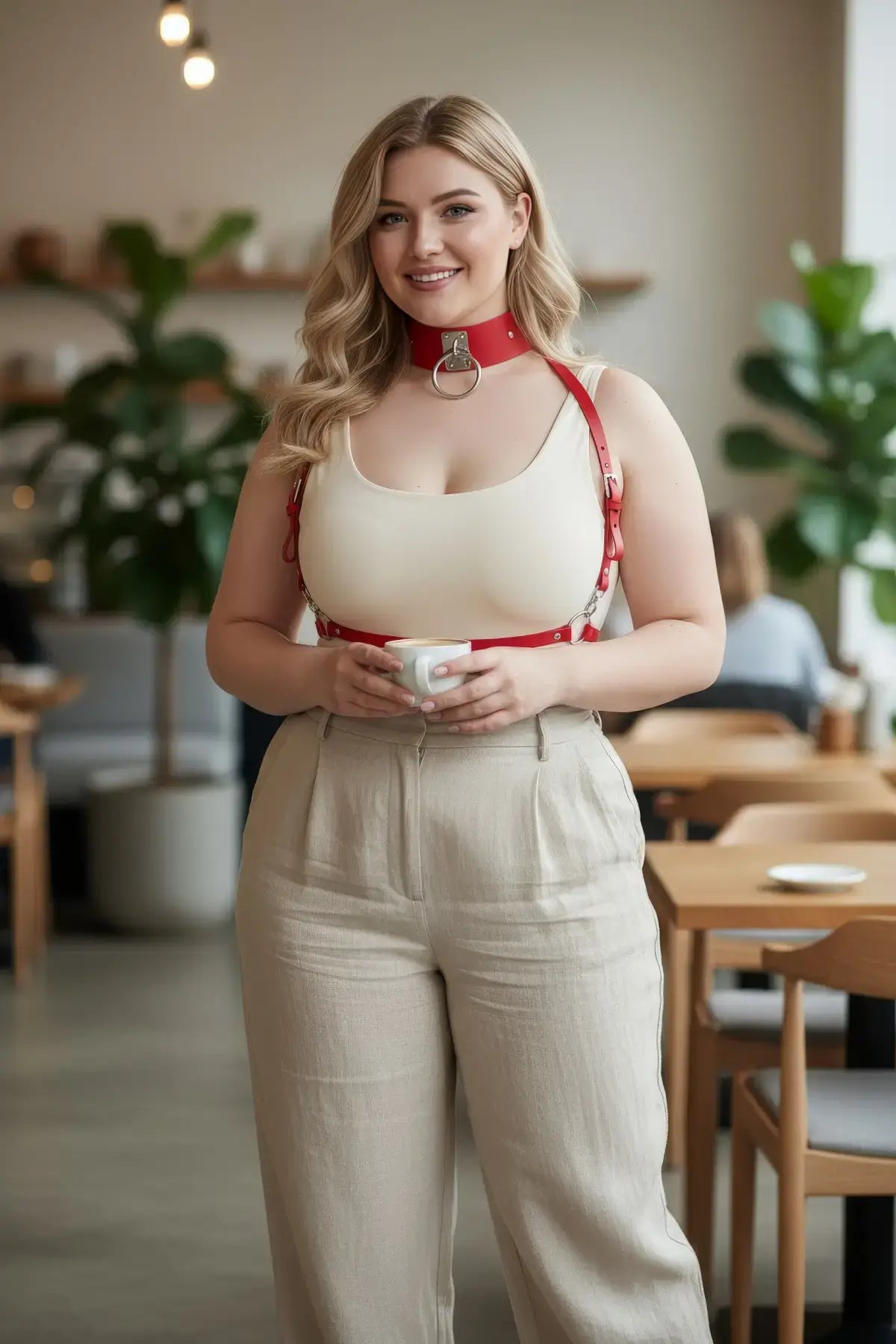 Plus Size Red vegan leather two-piece choker and chest harness set