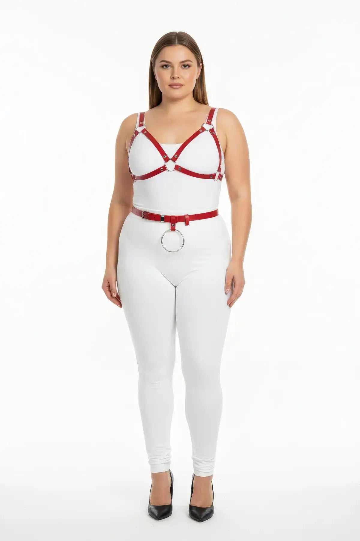 Plus-size red vegan leather bralette harness with o-ring waist belt by HarnessClub (2-piece set)