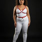 Plus-size red vegan-leather V-bralette and O-ring waist belt harness set by HarnessClub, two-piece.
