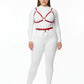 Plus size red vegan leather V-bralette with O-ring waist belt harness set, two-piece