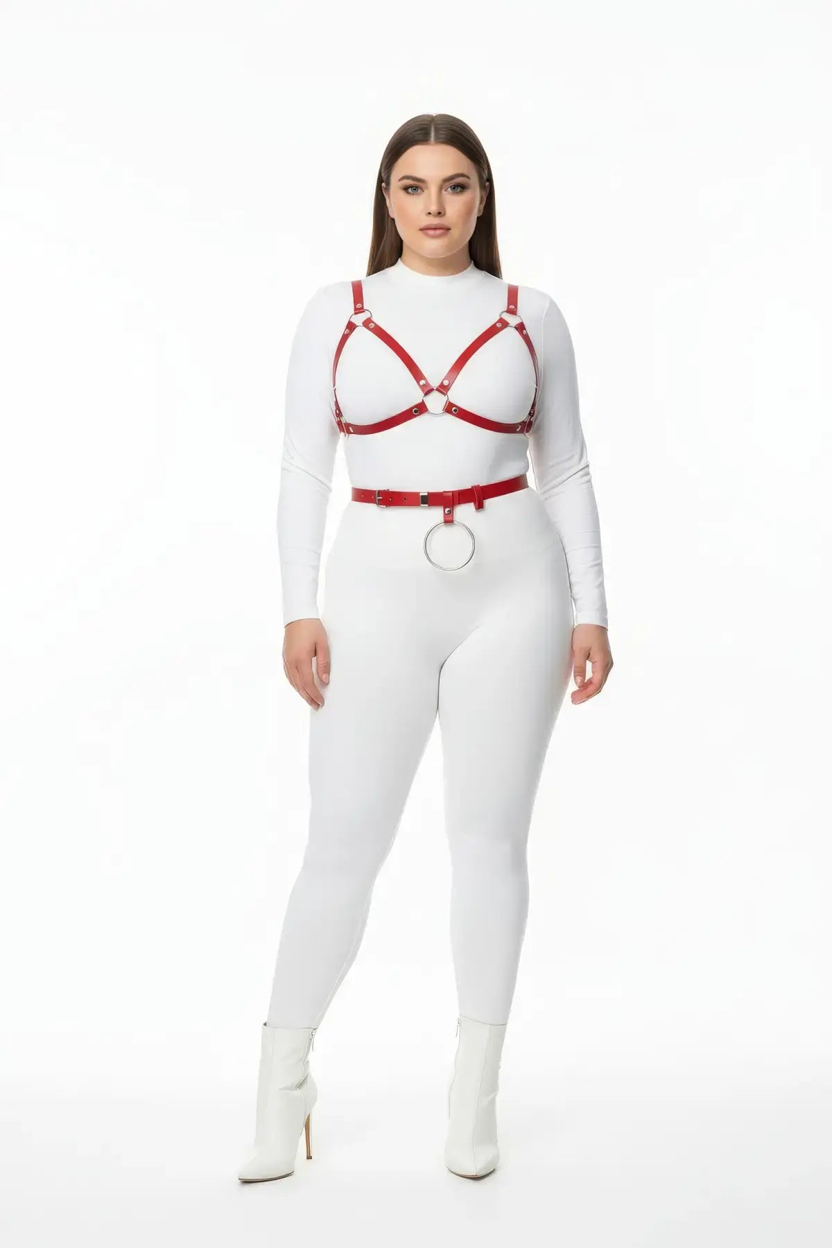 Plus size red vegan leather V-bralette with O-ring waist belt harness set, two-piece