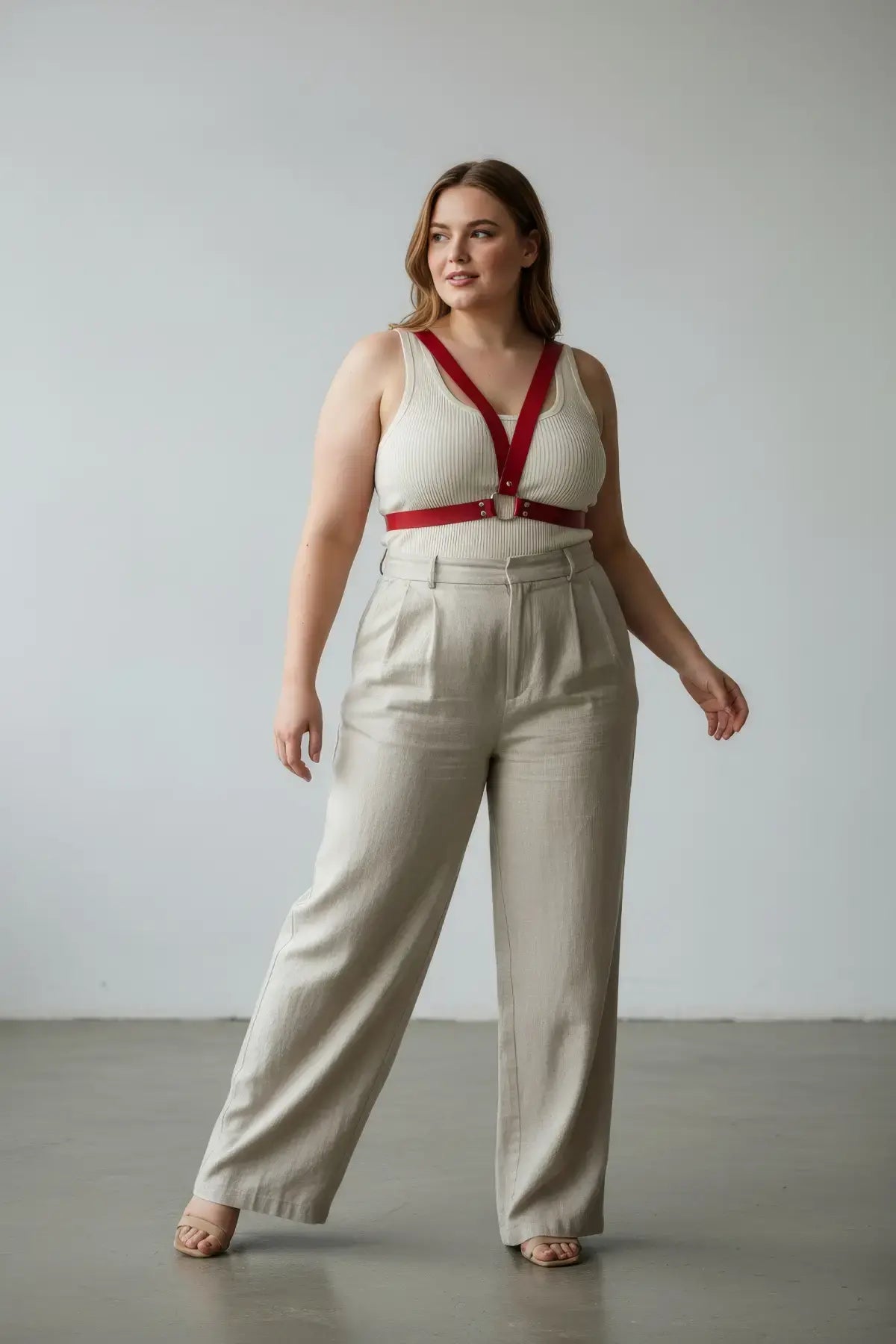 Plus-size red vegan leather V-frame chest harness with O-ring.