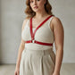 Plus-size red V-frame chest harness with O-ring by HarnessClub, vegan leather body accessory.