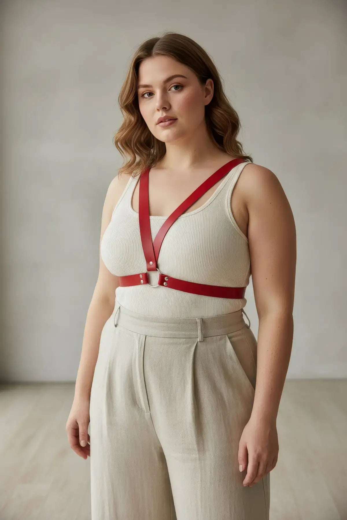 Plus-size red V-frame chest harness with O-ring by HarnessClub, vegan leather body accessory.