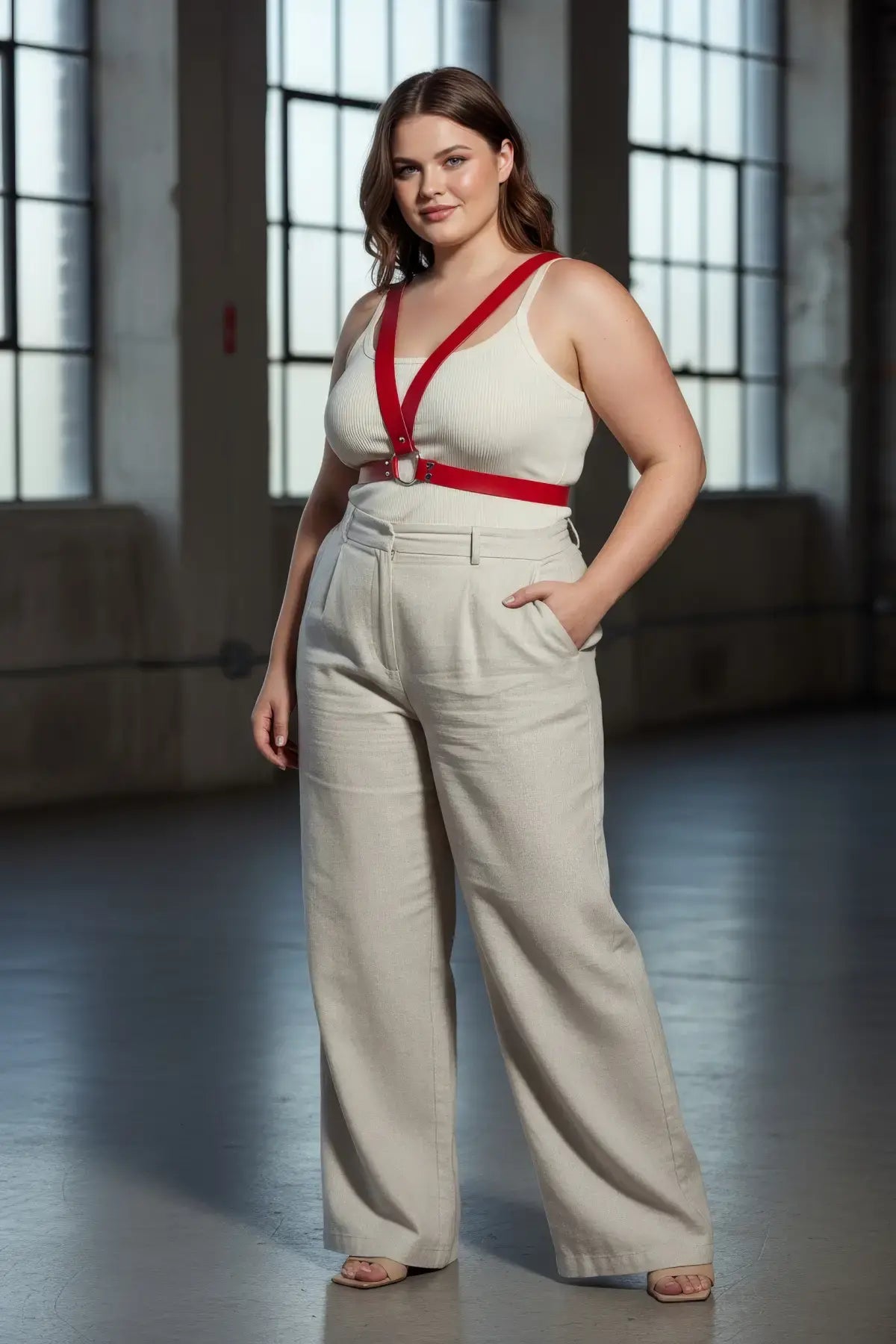 Plus-size red vegan-leather V-frame chest harness with O-ring, worn over cream ribbed tank top.