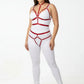 Plus size red vegan leather harness set with collar and garter detail