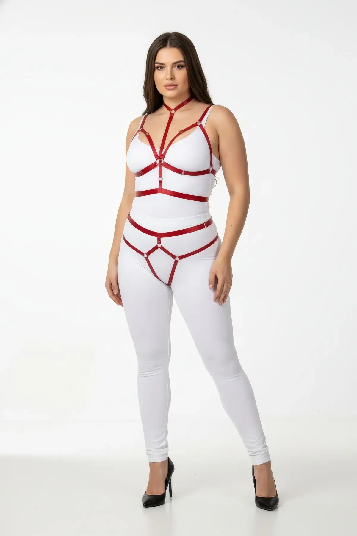 Plus size red vegan leather harness set with collar and garter detail