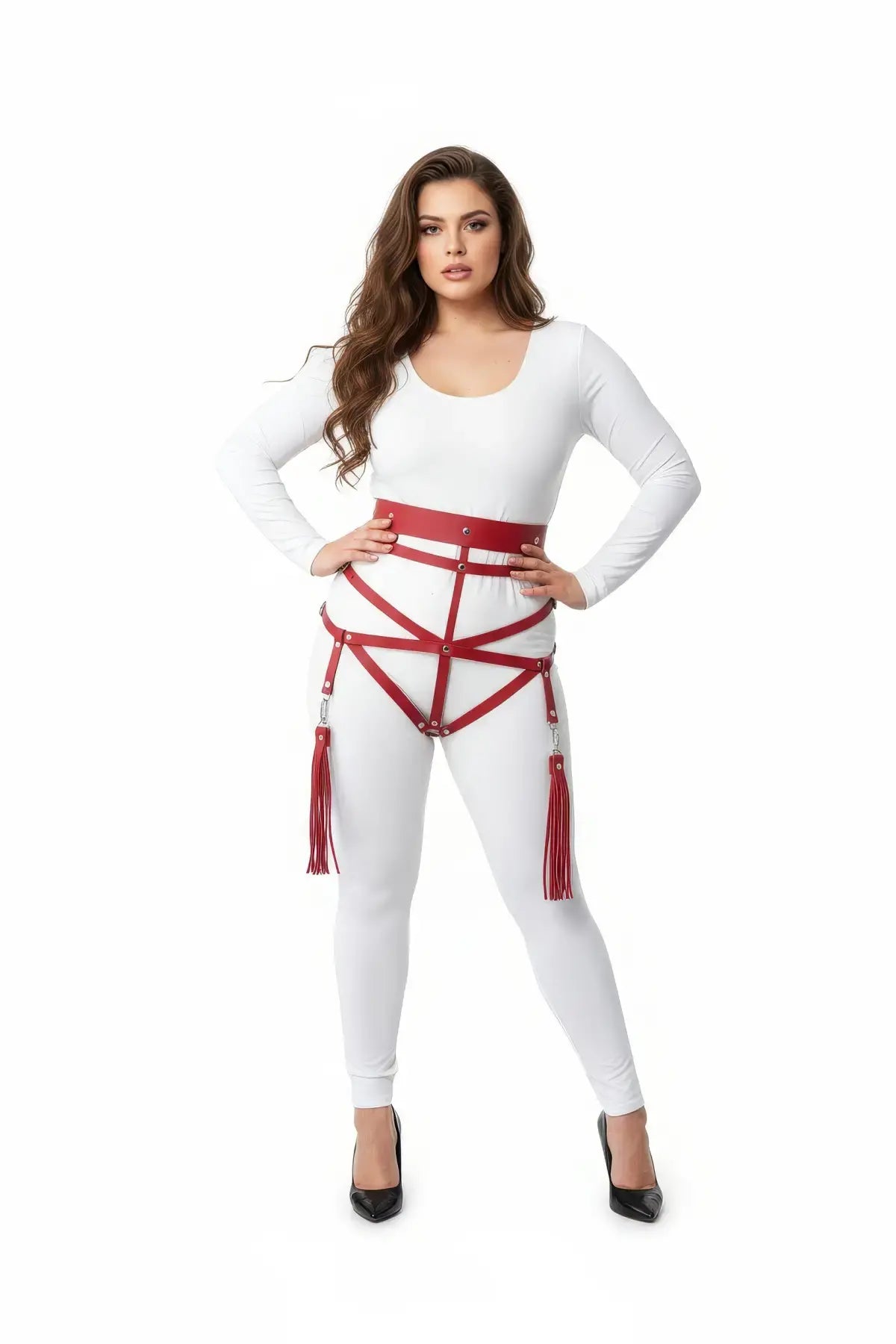 Plus Size Red Vegan Leather Waist and Thigh Harness with tassel fringe by HarnessClub.